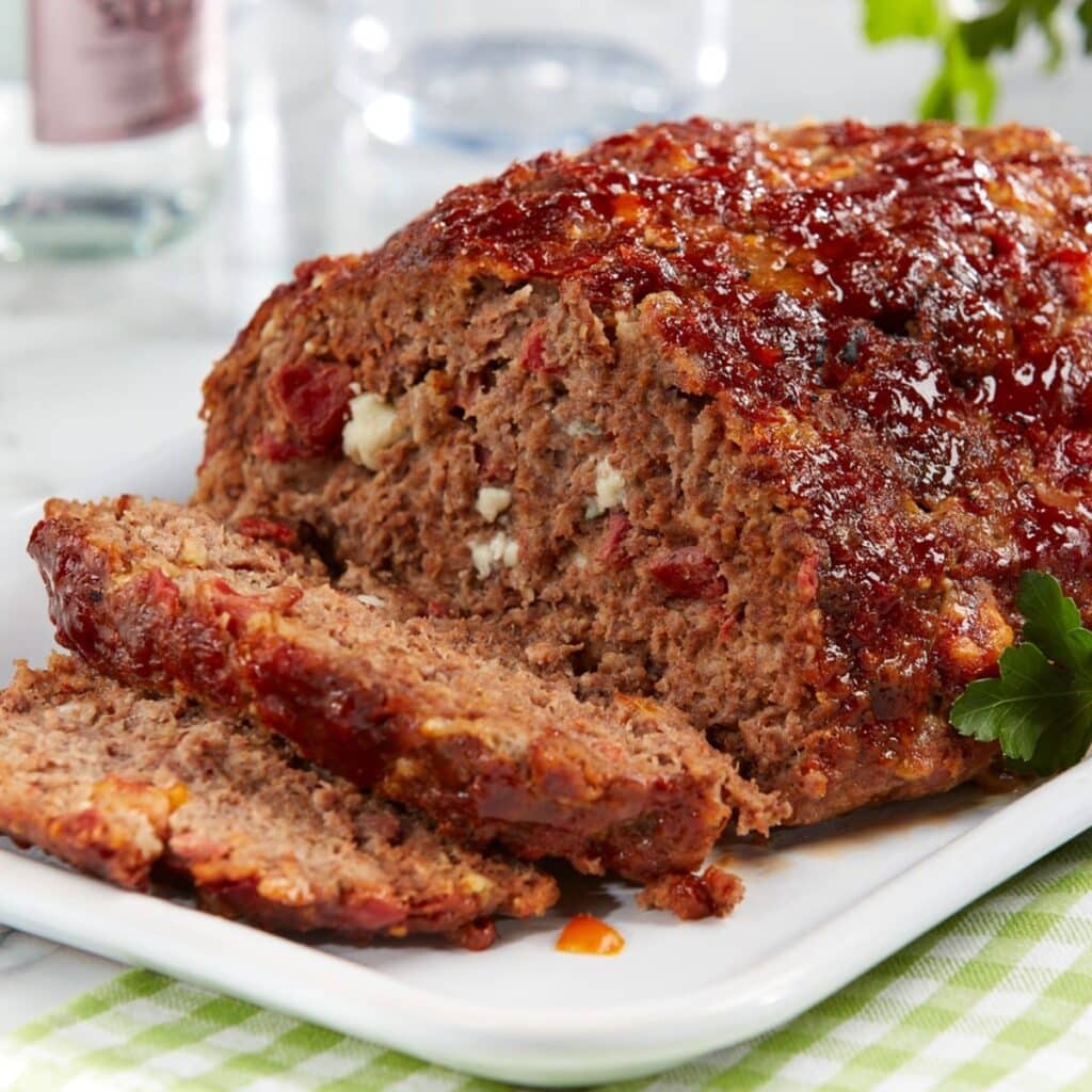 Meatloaf on a white plate with grass fed beef