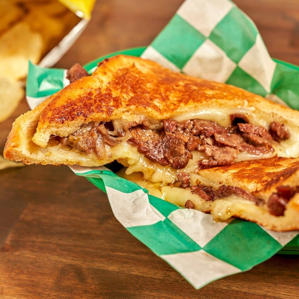 Philly cheesesteak grilled cheese with grass fed beef