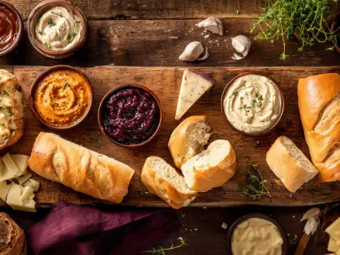 hoagie rolls sauces and cheeses on a wooden board