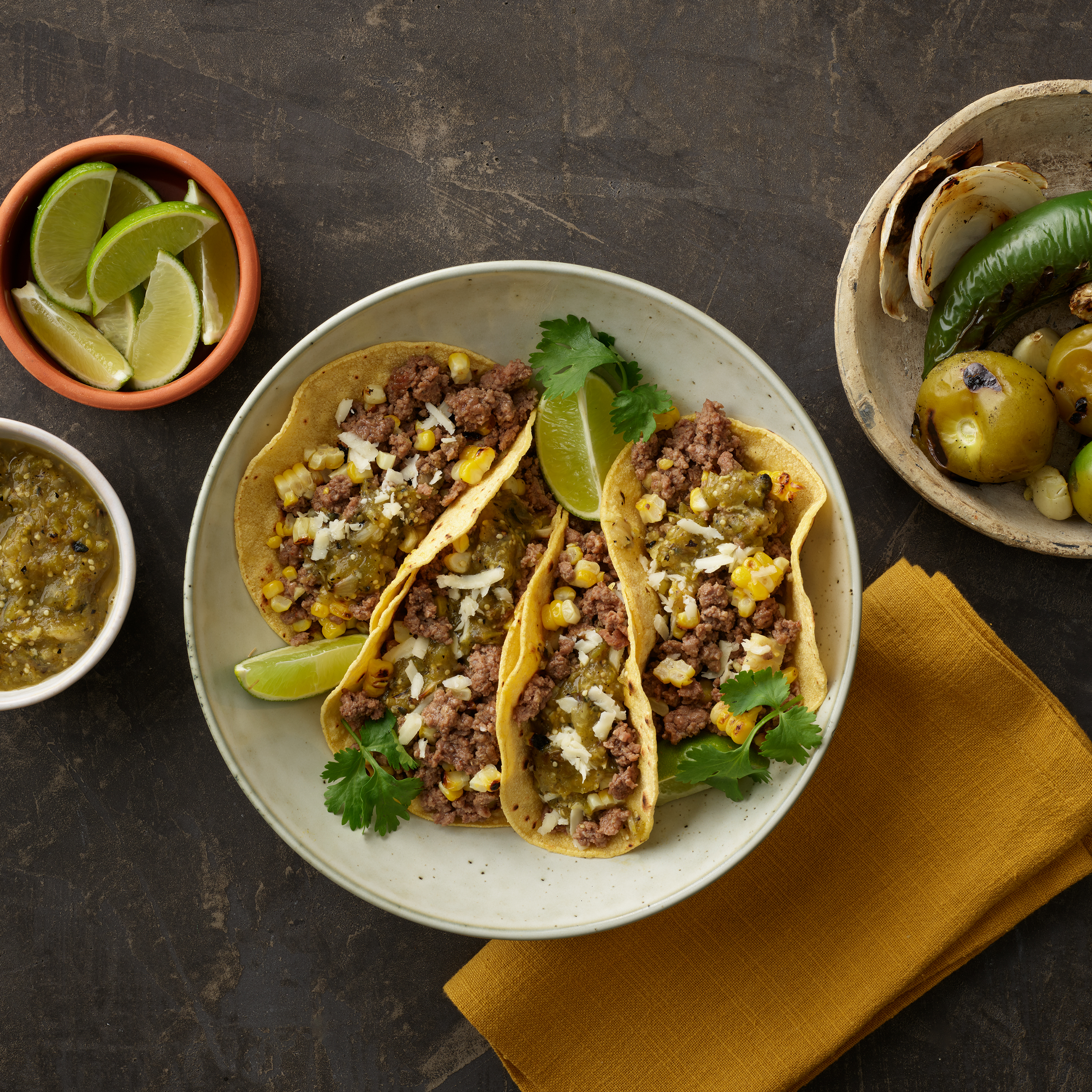 Beef & Charred Corn Tacos with Tomatillo Salsa