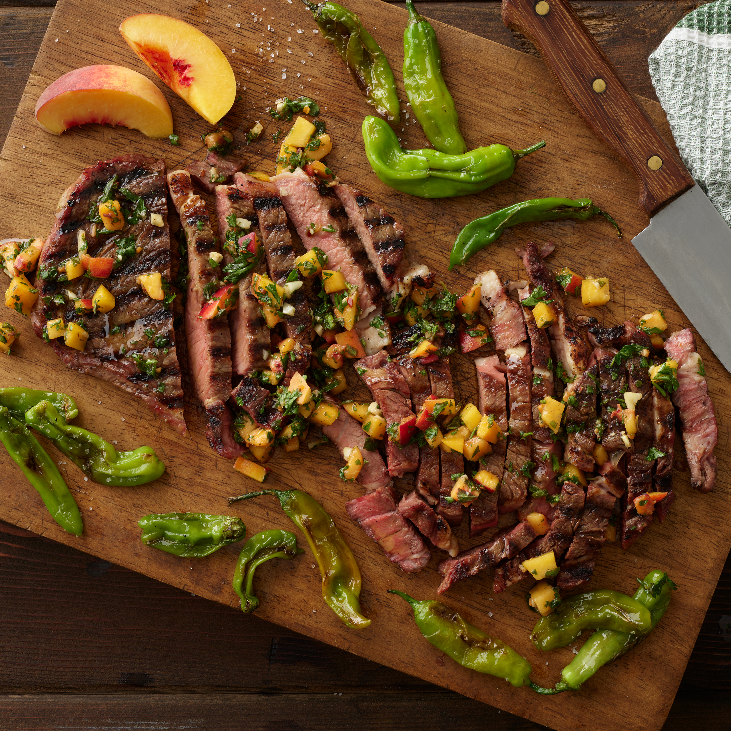 Ribeye with Charred Shishito Peppers and Peach Chimichurri